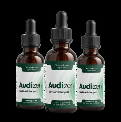 Three amber glass dropper bottles of AudiZen Ear Health Support supplement with green labels.